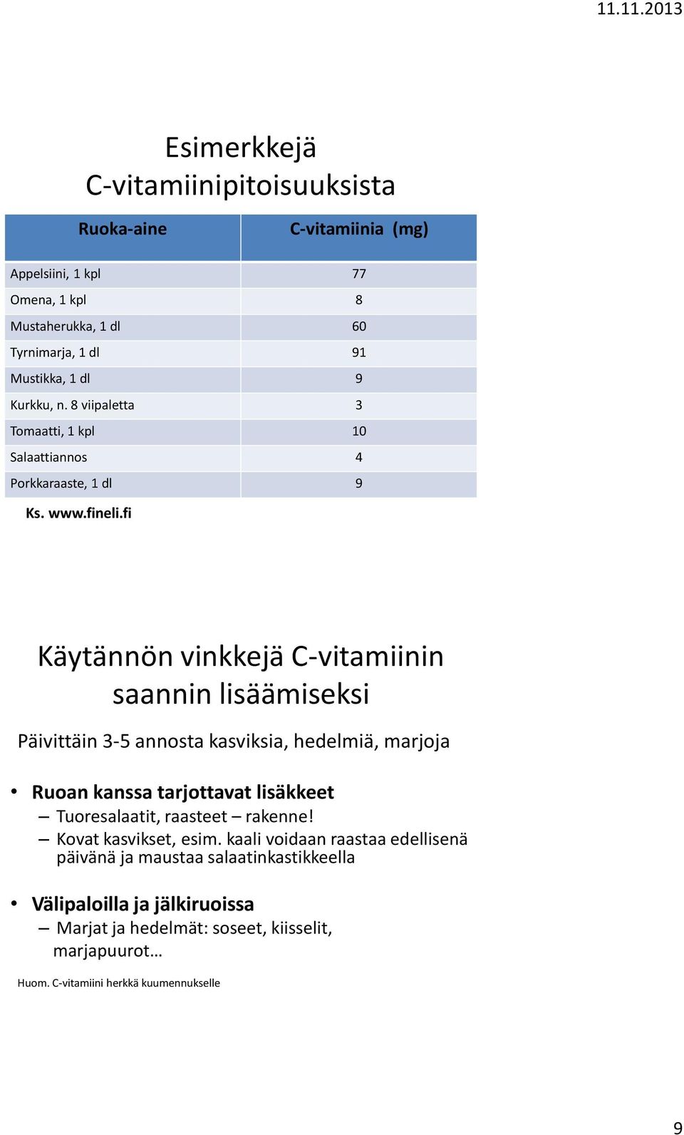 fi Käytännön vinkkejä C-vitamiinin saannin lisäämiseksi Päivittäin 3-5 annosta kasviksia, hedelmiä, marjoja Ruoan kanssa tarjottavat lisäkkeet Tuoresalaatit,