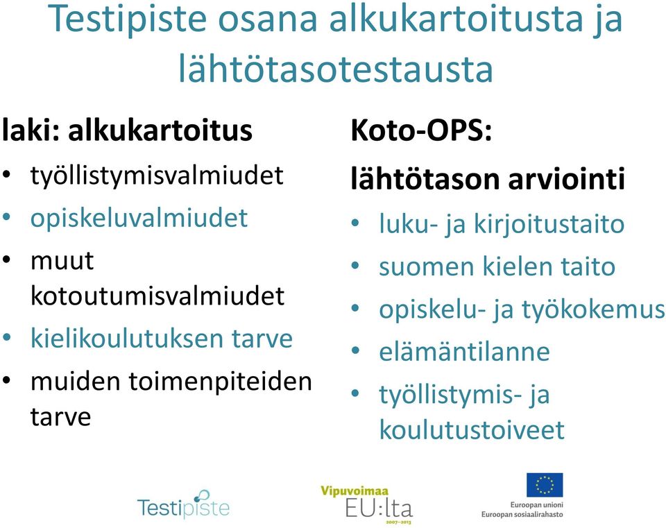 tarve muiden toimenpiteiden tarve Koto-OPS: lähtötason arviointi luku- ja