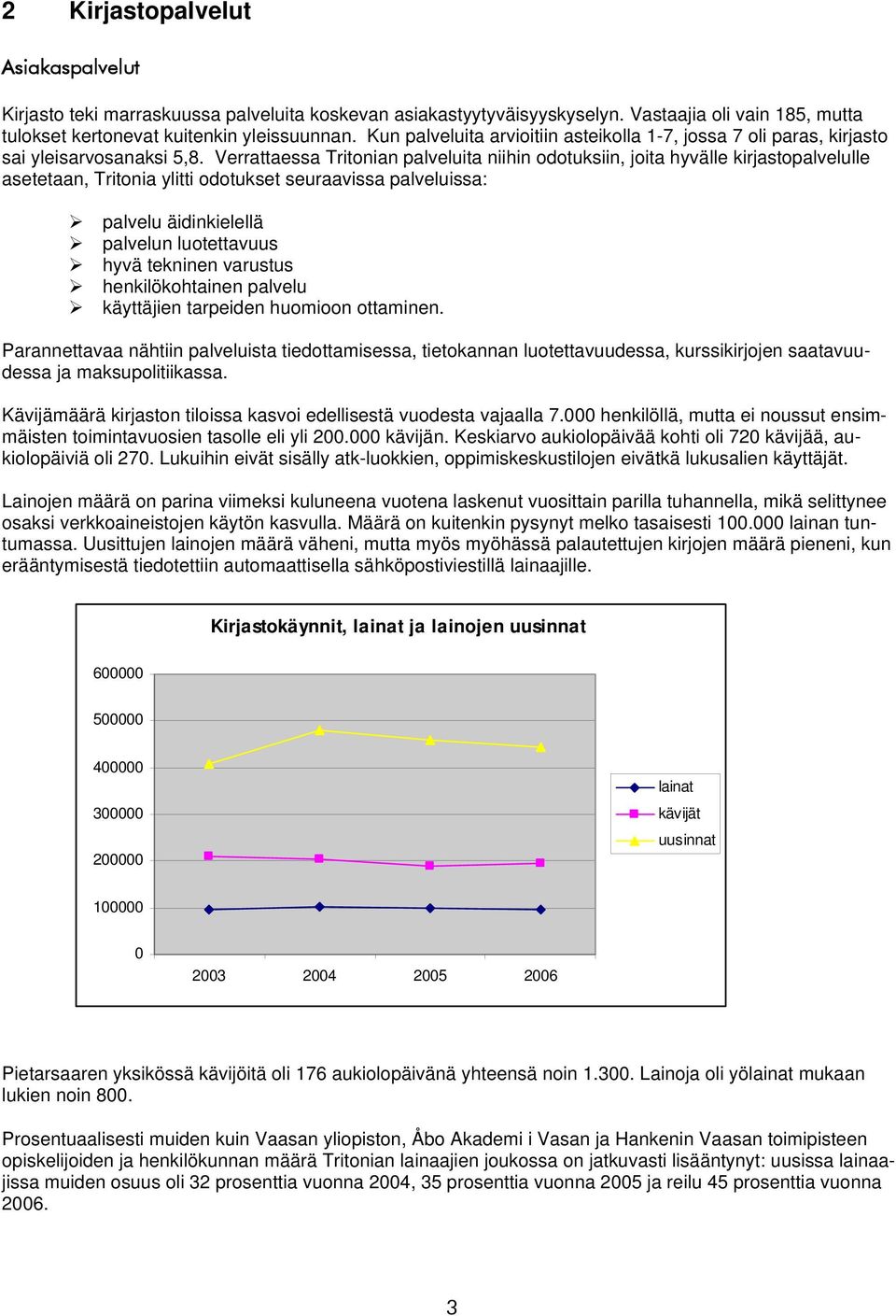 Verrattaessa Tritonian palveluita niihin odotuksiin, joita hyvälle kirjastopalvelulle asetetaan, Tritonia ylitti odotukset seuraavissa palveluissa: palvelu äidinkielellä palvelun luotettavuus hyvä