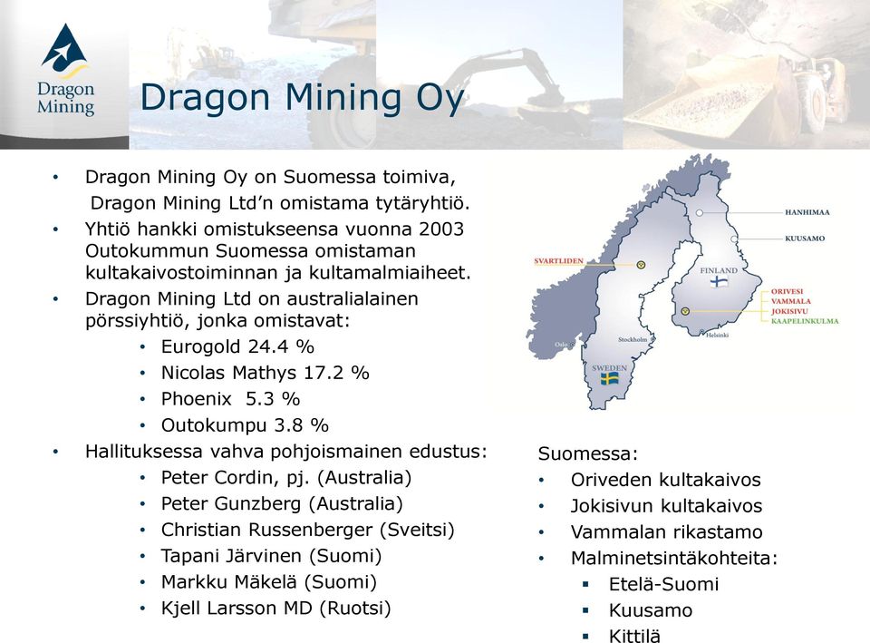 Dragon Mining Ltd on australialainen pörssiyhtiö, jonka omistavat: Eurogold 24.4 % Nicolas Mathys 17.2 % Phoenix 5.3 % Outokumpu 3.