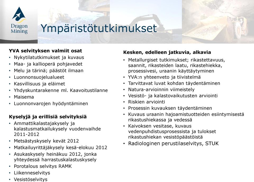 Kaavoitustilanne Maisema Luonnonvarojen hyödyntäminen Kyselyjä ja erillisiä selvityksiä Ammattikalastajakysely ja kalastusmatkailukysely vuodenvaihde 2011-2012 Metsästyskysely kevät 2012