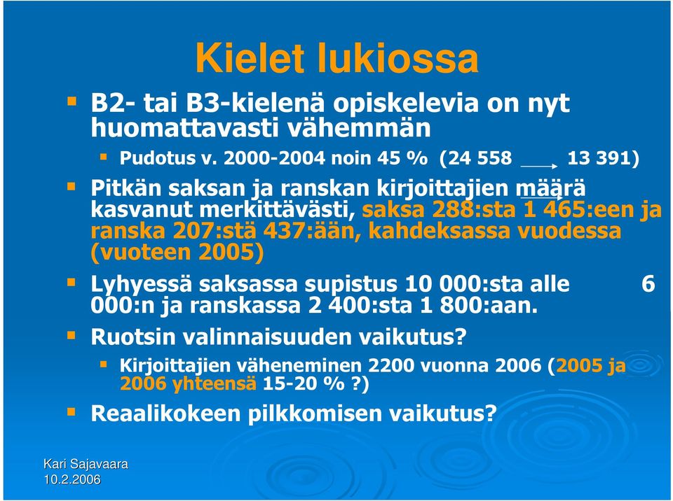 465:een ja ranska 207:stä 437:ään, kahdeksassa vuodessa (vuoteen 2005) Lyhyessä saksassa supistus 10 000:sta alle 6 000:n ja