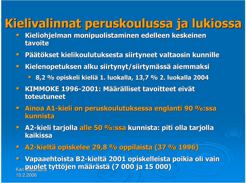 luokalla 2004 KIMMOKE 1996-2001: MääM äärälliset tavoitteet eivät toteutuneet Ainoa A1-kieli on peruskoulutuksessa englanti 90 %:ssa kunnista A2-kieli tarjolla