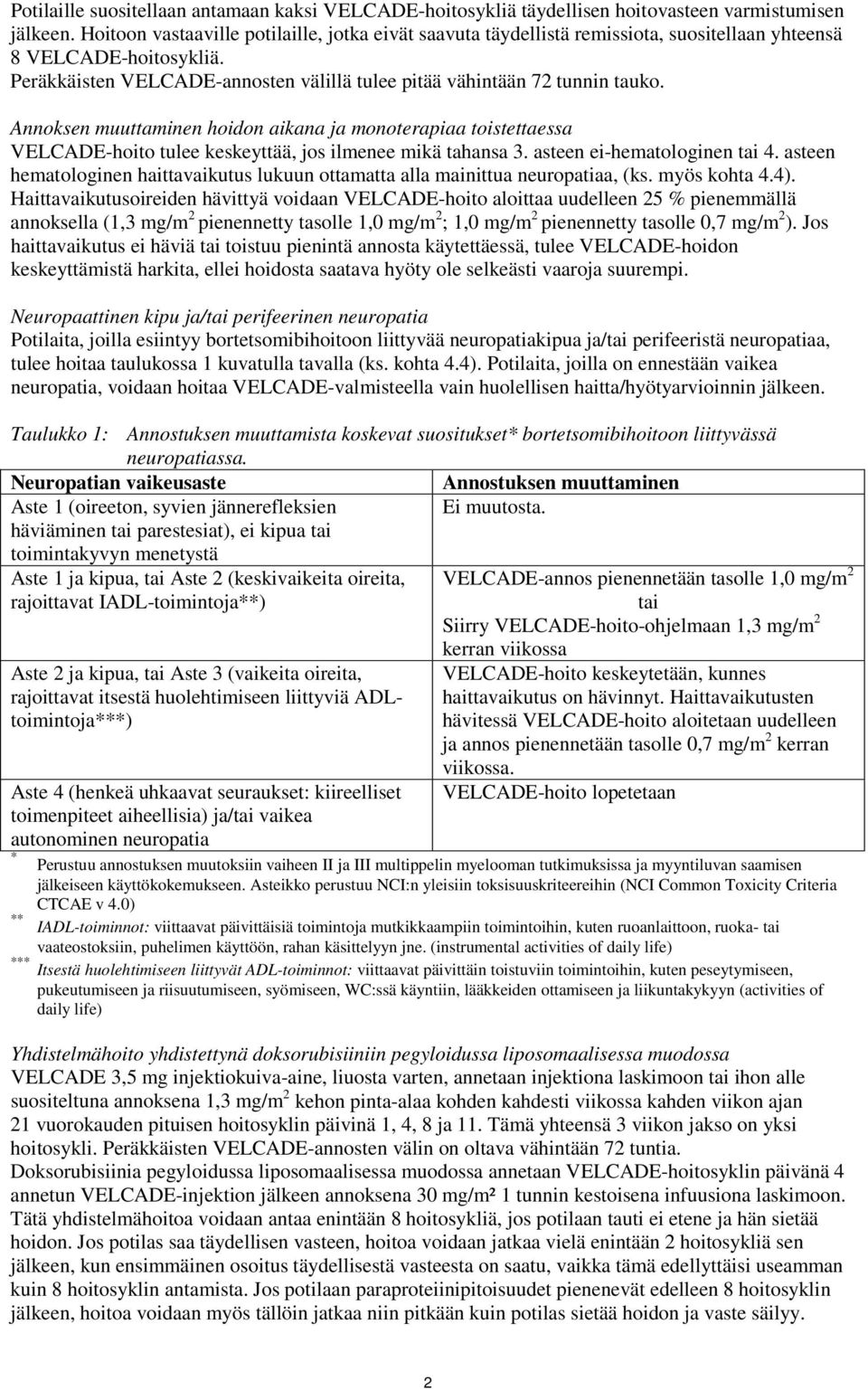 Annoksen muuttaminen hoidon aikana ja monoterapiaa toistettaessa VELCADE-hoito tulee keskeyttää, jos ilmenee mikä tahansa 3. asteen ei-hematologinen tai 4.