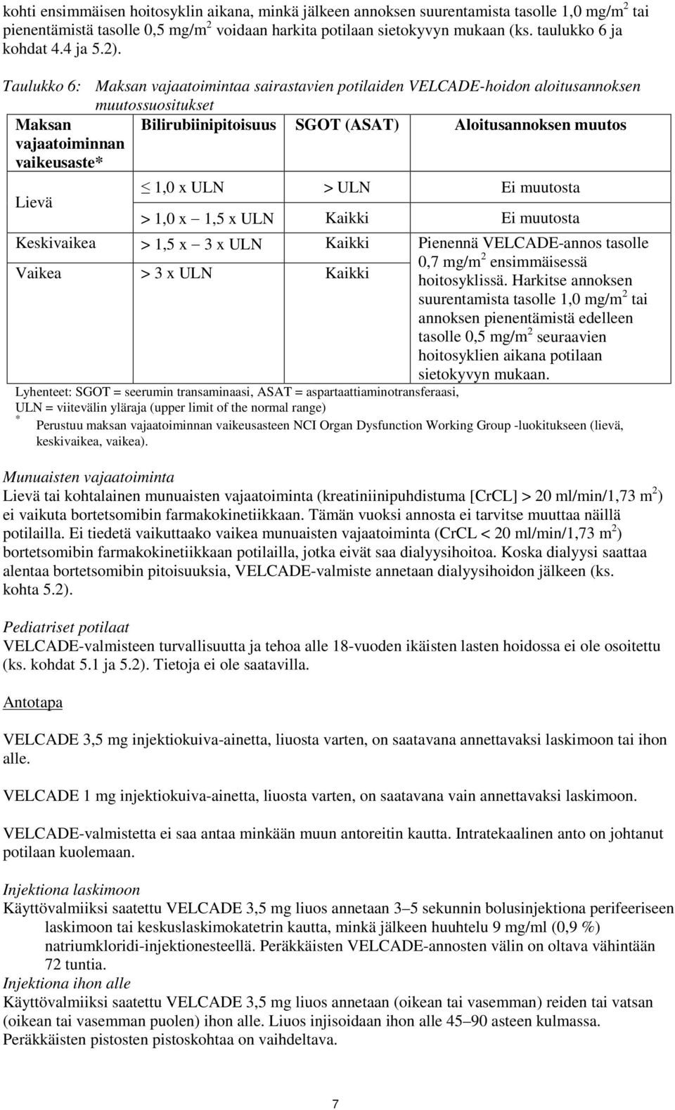 Taulukko 6: Maksan vajaatoimintaa sairastavien potilaiden VELCADE-hoidon aloitusannoksen muutossuositukset Maksan Bilirubiinipitoisuus SGOT (ASAT) Aloitusannoksen muutos vajaatoiminnan vaikeusaste*