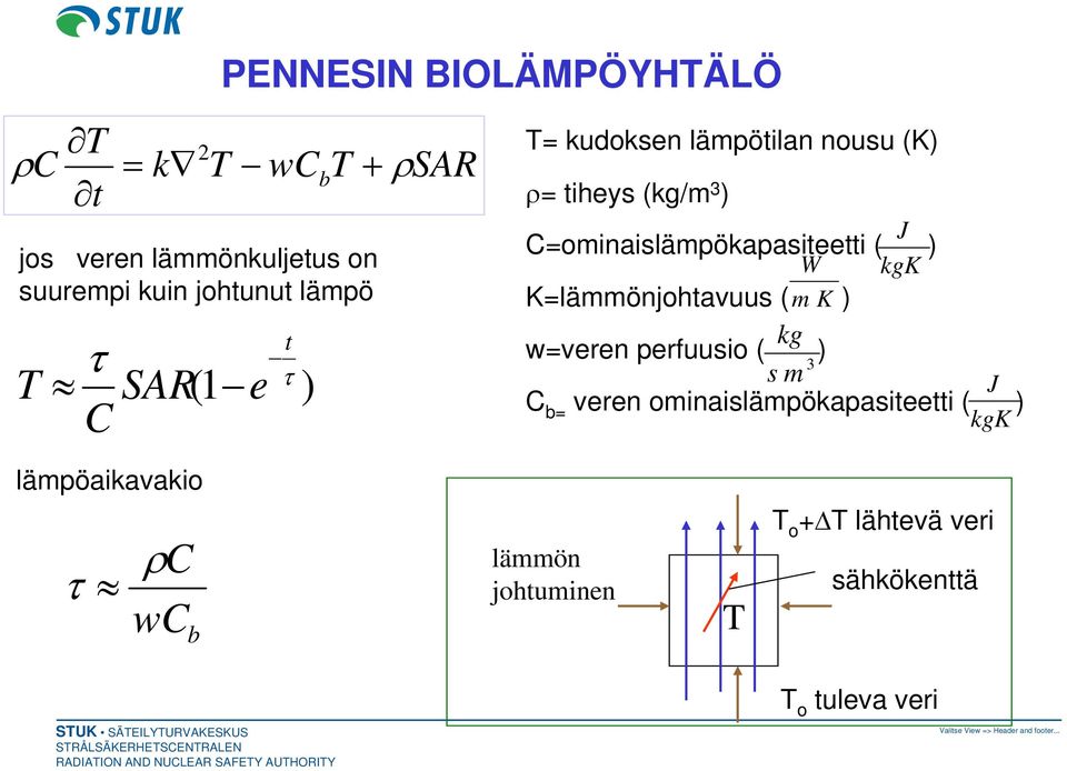 C=ominaislämpökapasiteetti ( ) W kgk K=lämmönjohtavuus ( m K ) kg w=veren perfuusio ( ) 3 s m J C b=