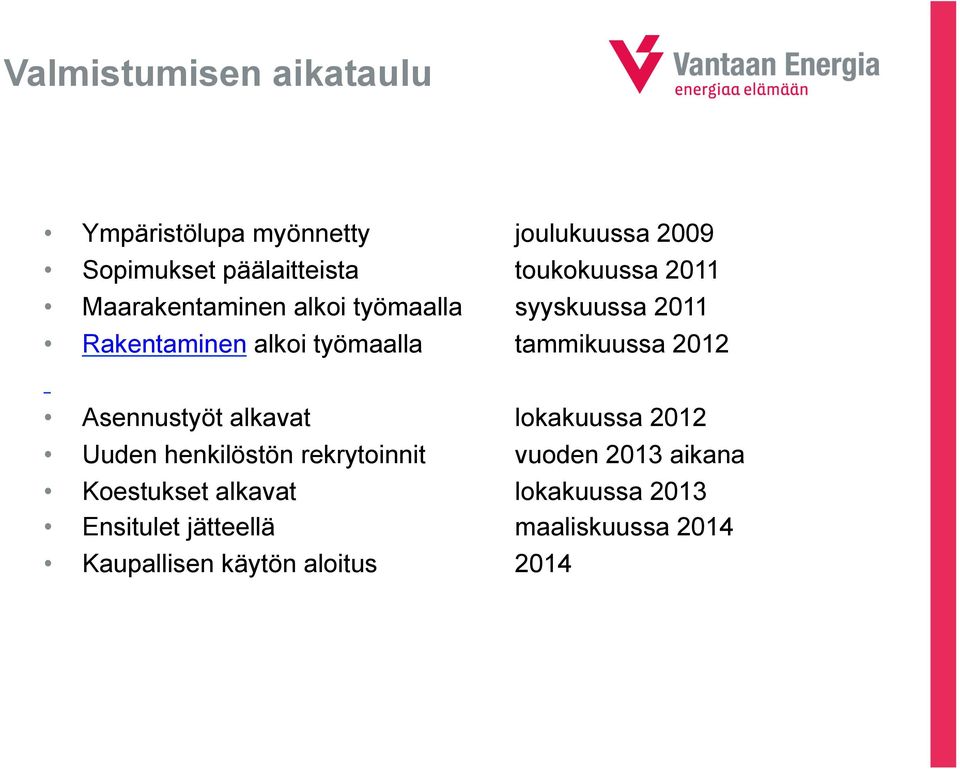 tammikuussa 2012 Asennustyöt alkavat lokakuussa 2012 Uuden henkilöstön rekrytoinnit vuoden 2013