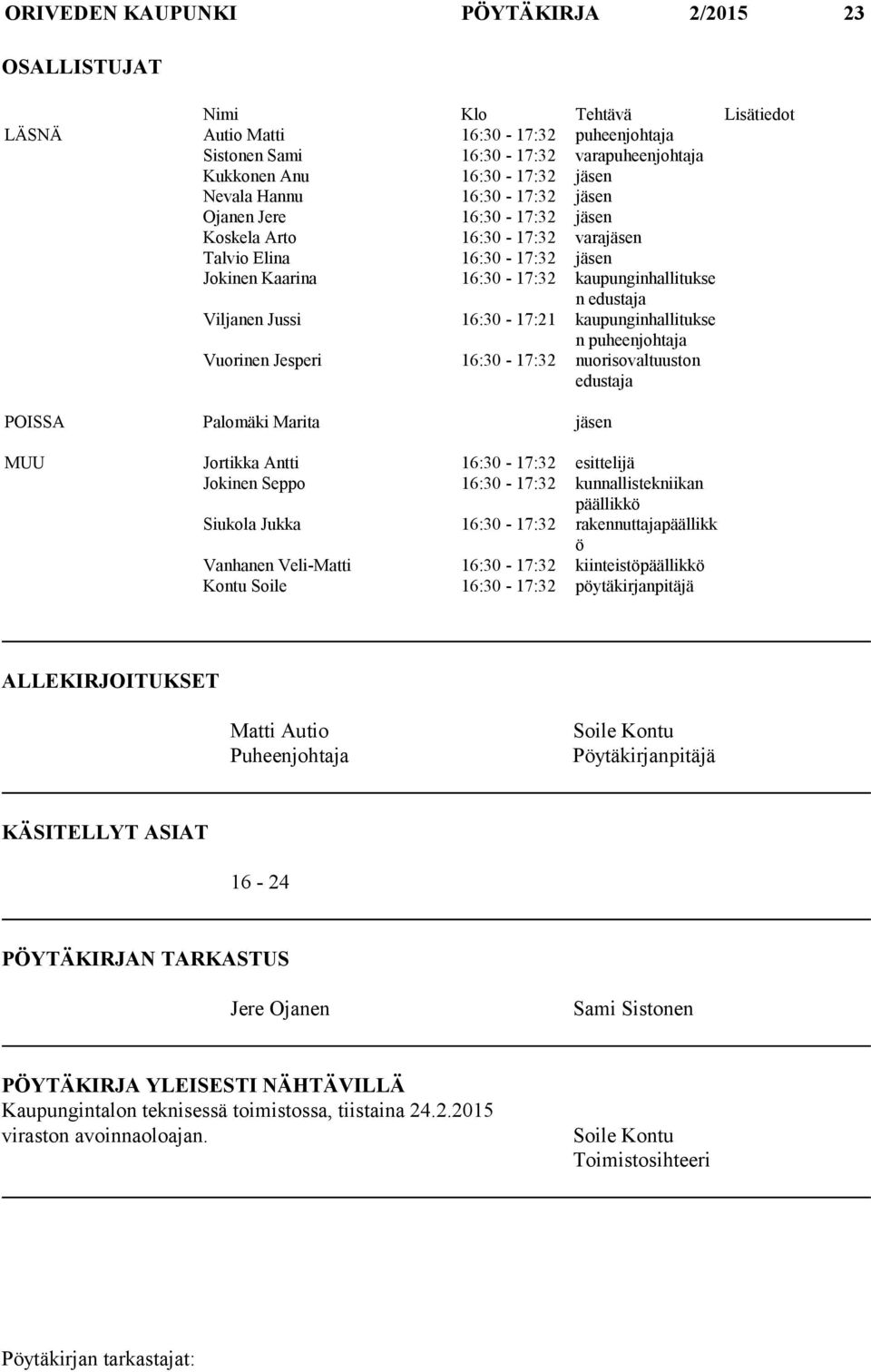 Jussi 16:30-17:21 kaupunginhallitukse n puheenjohtaja Vuorinen Jesperi 16:30-17:32 nuorisovaltuuston edustaja POISSA Palomäki Marita jäsen MUU Jortikka Antti 16:30-17:32 esittelijä Jokinen Seppo