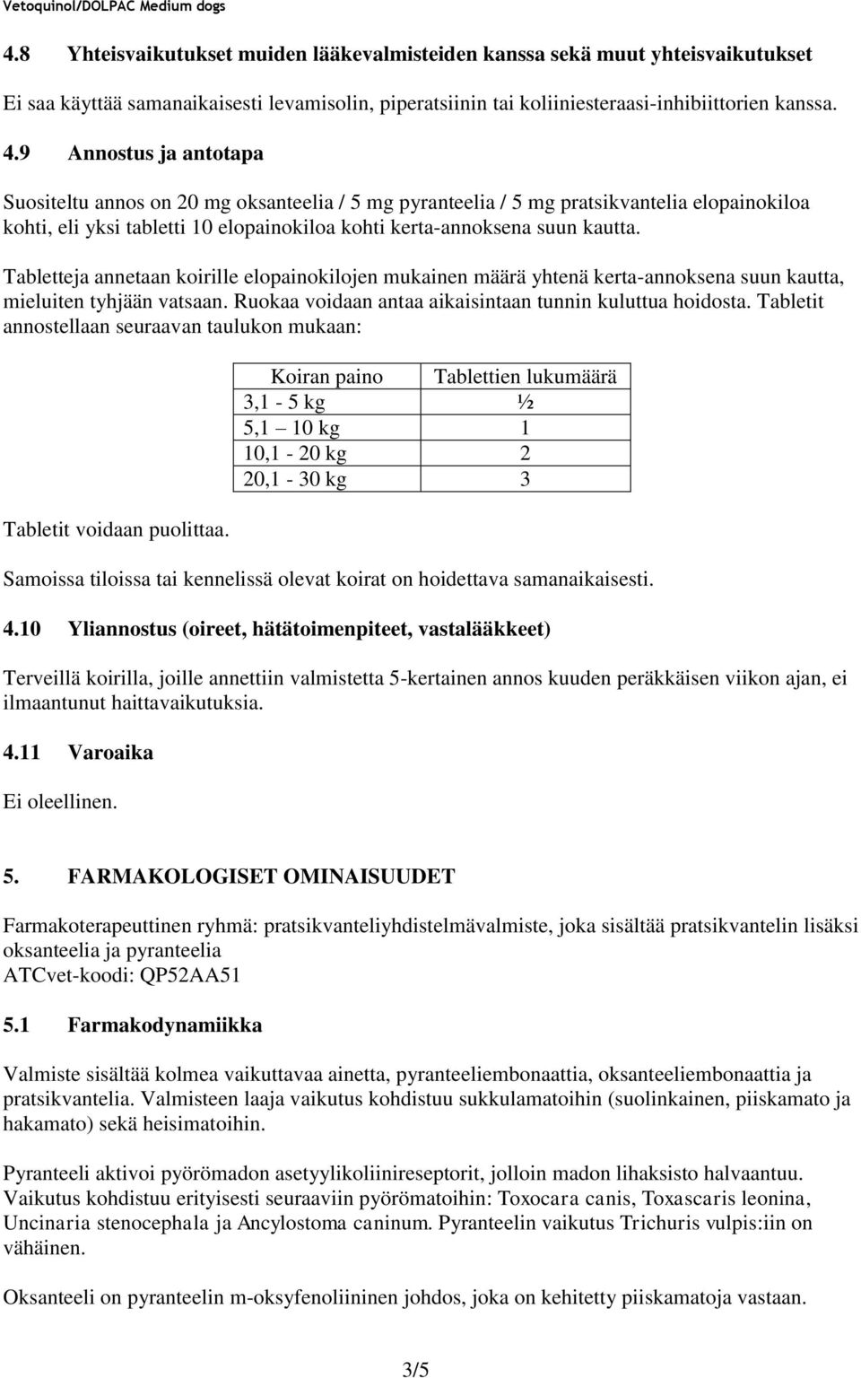 Tabletteja annetaan koirille elopainokilojen mukainen määrä yhtenä kerta-annoksena suun kautta, mieluiten tyhjään vatsaan. Ruokaa voidaan antaa aikaisintaan tunnin kuluttua hoidosta.