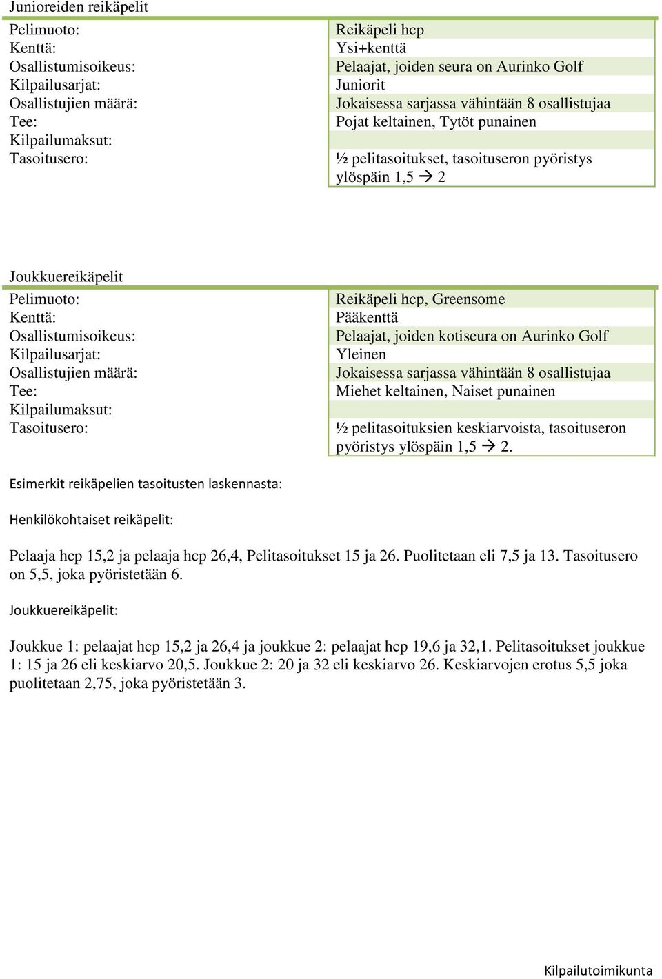 hcp, Greensome Pääkenttä Pelaajat, joiden kotiseura on Aurinko Golf Yleinen Jokaisessa sarjassa vähintään 8 osallistujaa Miehet keltainen, Naiset punainen ½ pelitasoituksien keskiarvoista,