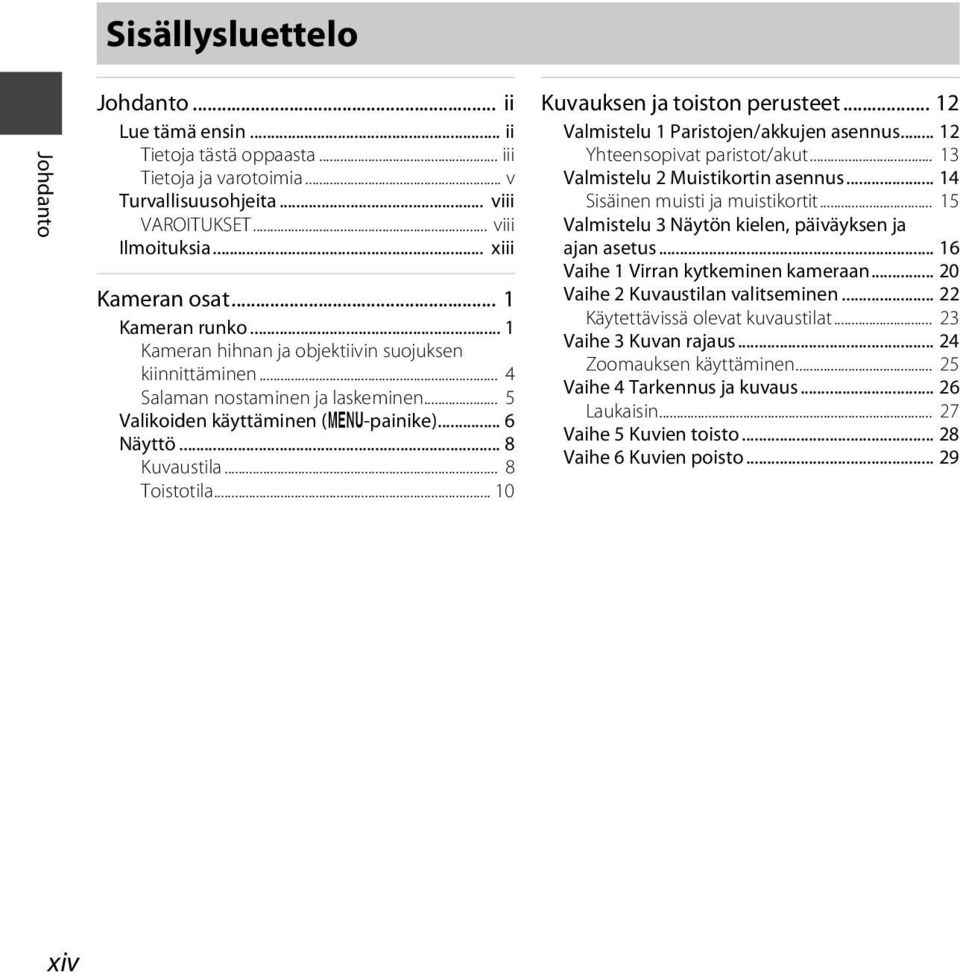 .. 10 Kuvauksen ja toiston perusteet... 12 Valmistelu 1 Paristojen/akkujen asennus... 12 Yhteensopivat paristot/akut... 13 Valmistelu 2 Muistikortin asennus... 14 Sisäinen muisti ja muistikortit.