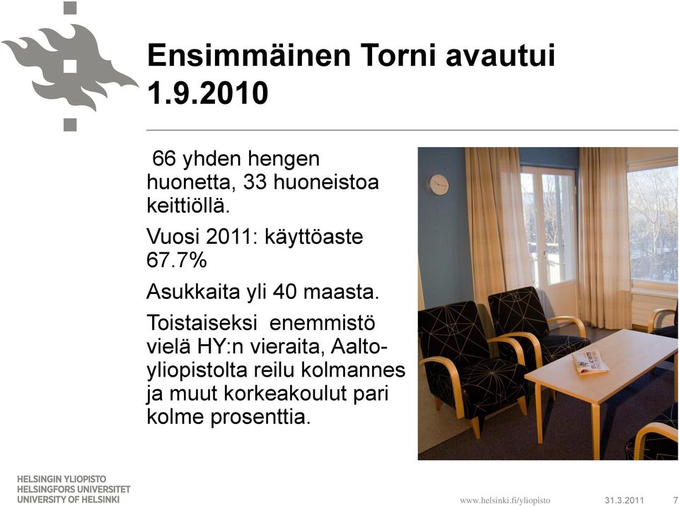 Vuosi 2011: käyttöaste 67.7% Asukkaita yli 40 maasta.