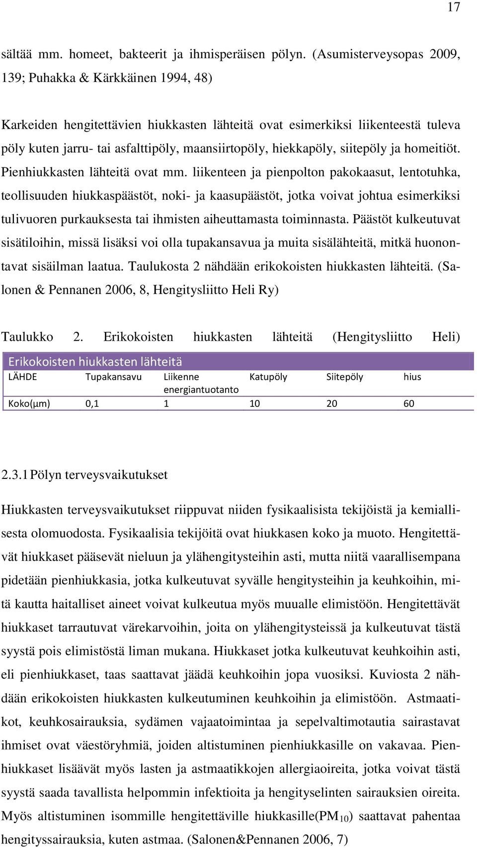 hiekkapöly, siitepöly ja homeitiöt. Pienhiukkasten lähteitä ovat mm.