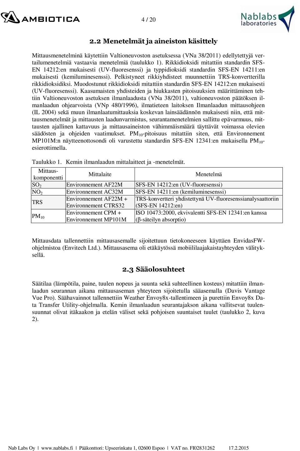 Pelkistyneet rikkiyhdisteet muunnettiin TRS-konvertterilla rikkidioksidiksi. Muodostunut rikkidioksidi mitattiin standardin SFS-EN 14212:en mukaisesti (UV-fluoresenssi).
