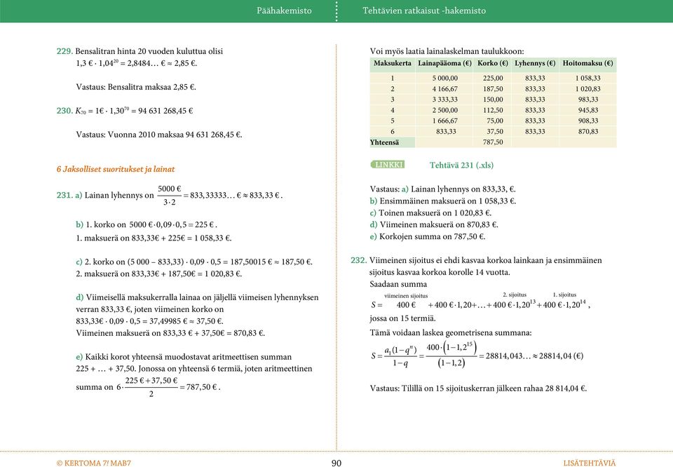 c) 2. korko o (5 000 833,33) 0,09 0,5 = 187,50015 187,50. 2. maksuerä o 833,33 + 187,50 = 1 020,83.