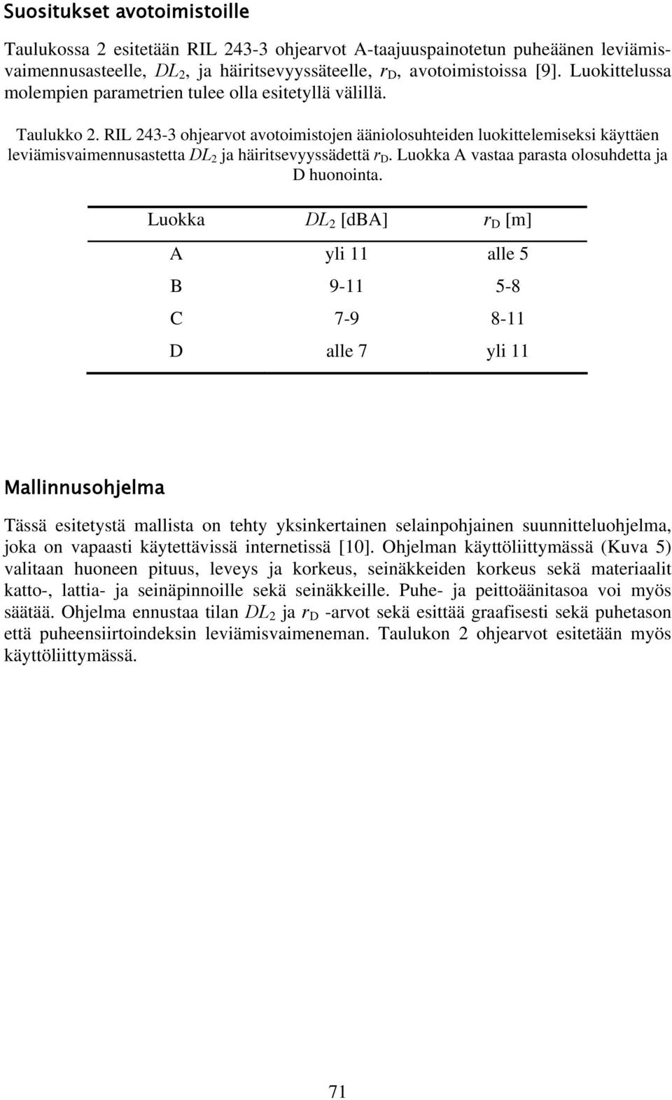 RIL 243-3 ohjearvot avotoimistojen ääniolosuhteiden luokittelemiseksi käyttäen leviämisvaimennusastetta DL 2 ja häiritsevyyssädettä r D. Luokka A vastaa parasta olosuhdetta ja D huonointa.