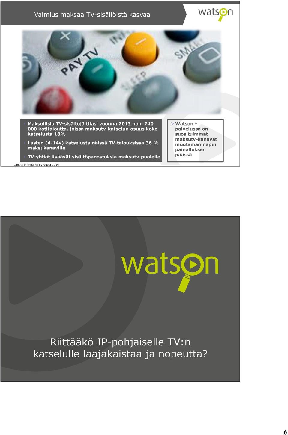 TV-yhtiöt lisäävät sisältöpanostuksia maksutv-puolelle Watson - palvelussa on suosituimmat maksutv-kanavat muutaman