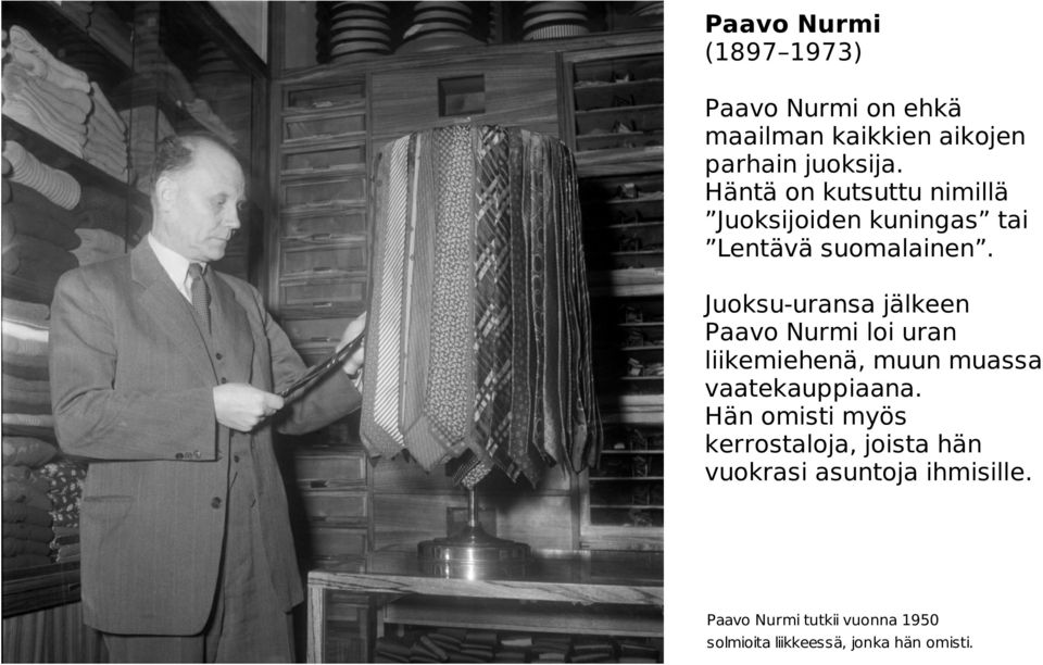 Juoksu-uransa jälkeen Paavo Nurmi loi uran liikemiehenä, muun muassa vaatekauppiaana.
