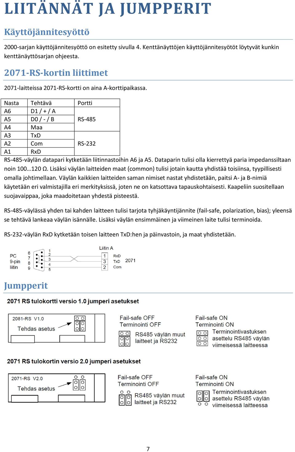 Nasta Tehtävä Portti A6 D1 / + / A A5 D0 / - / B RS-485 A4 Maa A3 TxD A2 Com RS-232 A1 RxD RS-485-väylän datapari kytketään liitinnastoihin A6 ja A5.