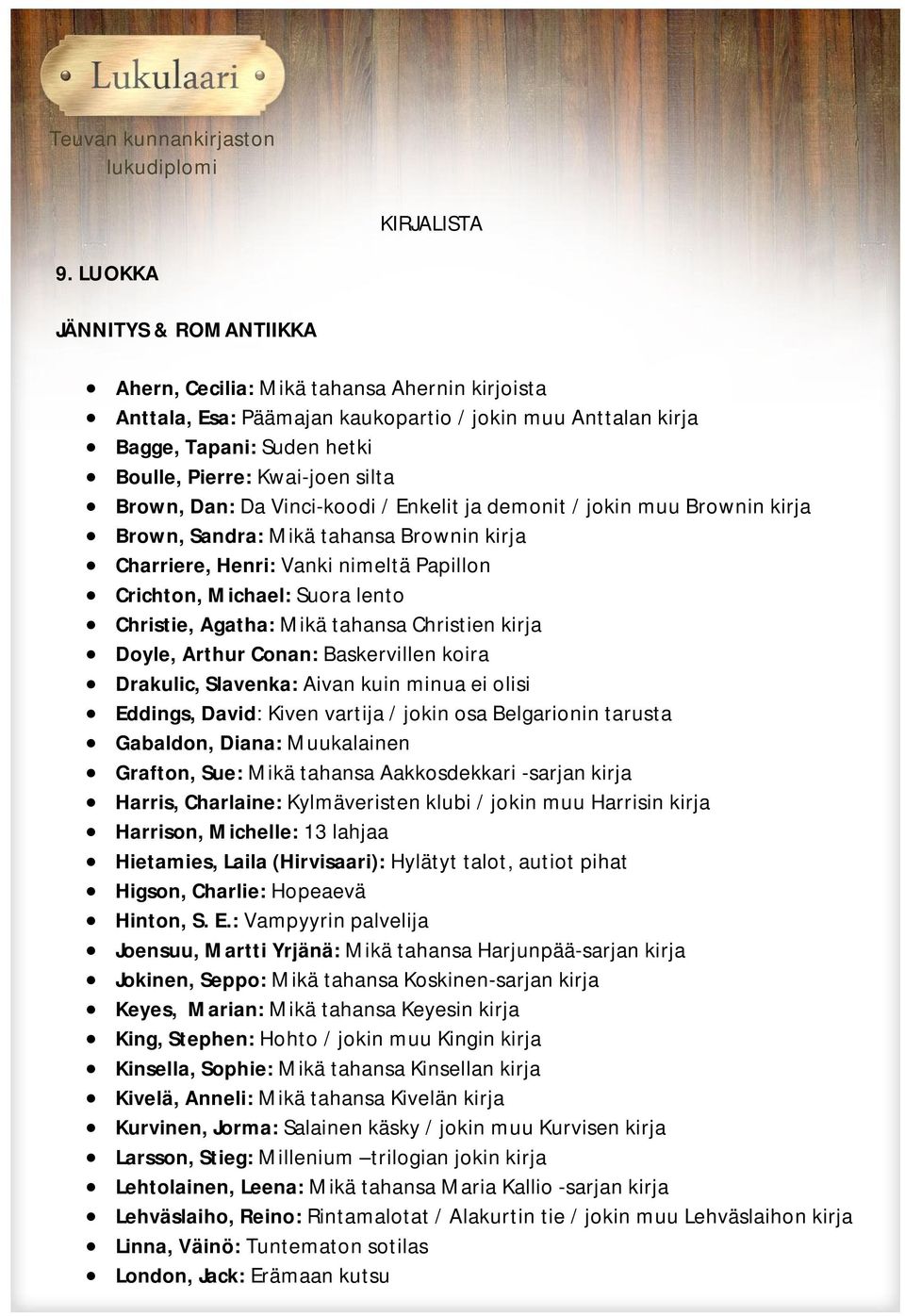 Brown, Dan: Da Vinci-koodi / Enkelit ja demonit / jokin muu Brownin kirja Brown, Sandra: Mikä tahansa Brownin kirja Charriere, Henri: Vanki nimeltä Papillon Crichton, Michael: Suora lento Christie,