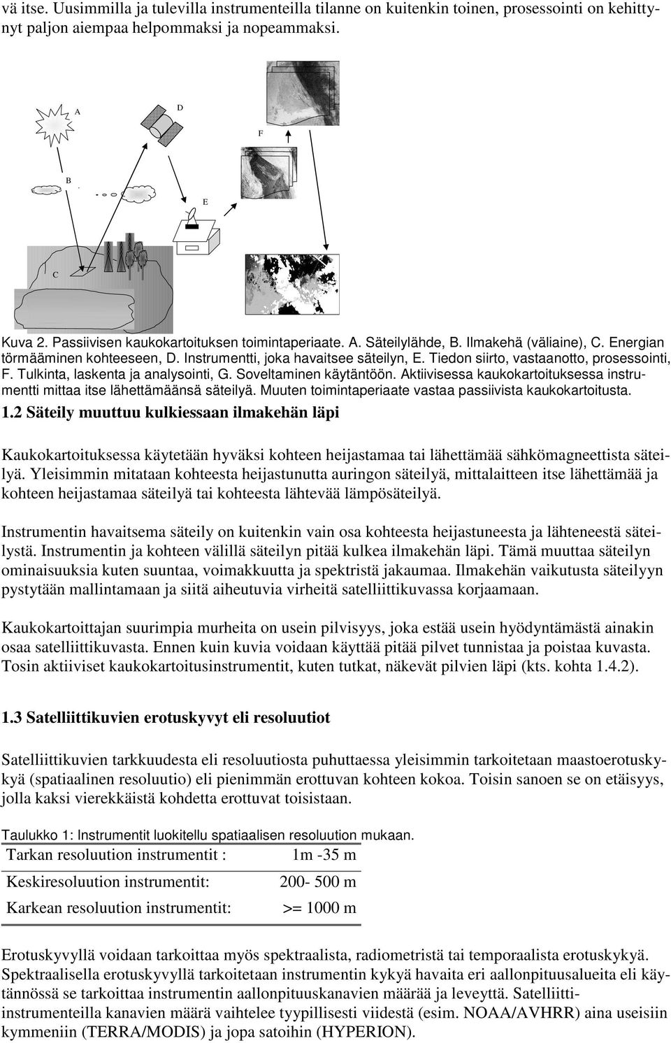 Tiedon siirto, vastaanotto, prosessointi, F. Tulkinta, laskenta ja analysointi, G. Soveltaminen käytäntöön. Aktiivisessa kaukokartoituksessa instrumentti mittaa itse lähettämäänsä säteilyä.