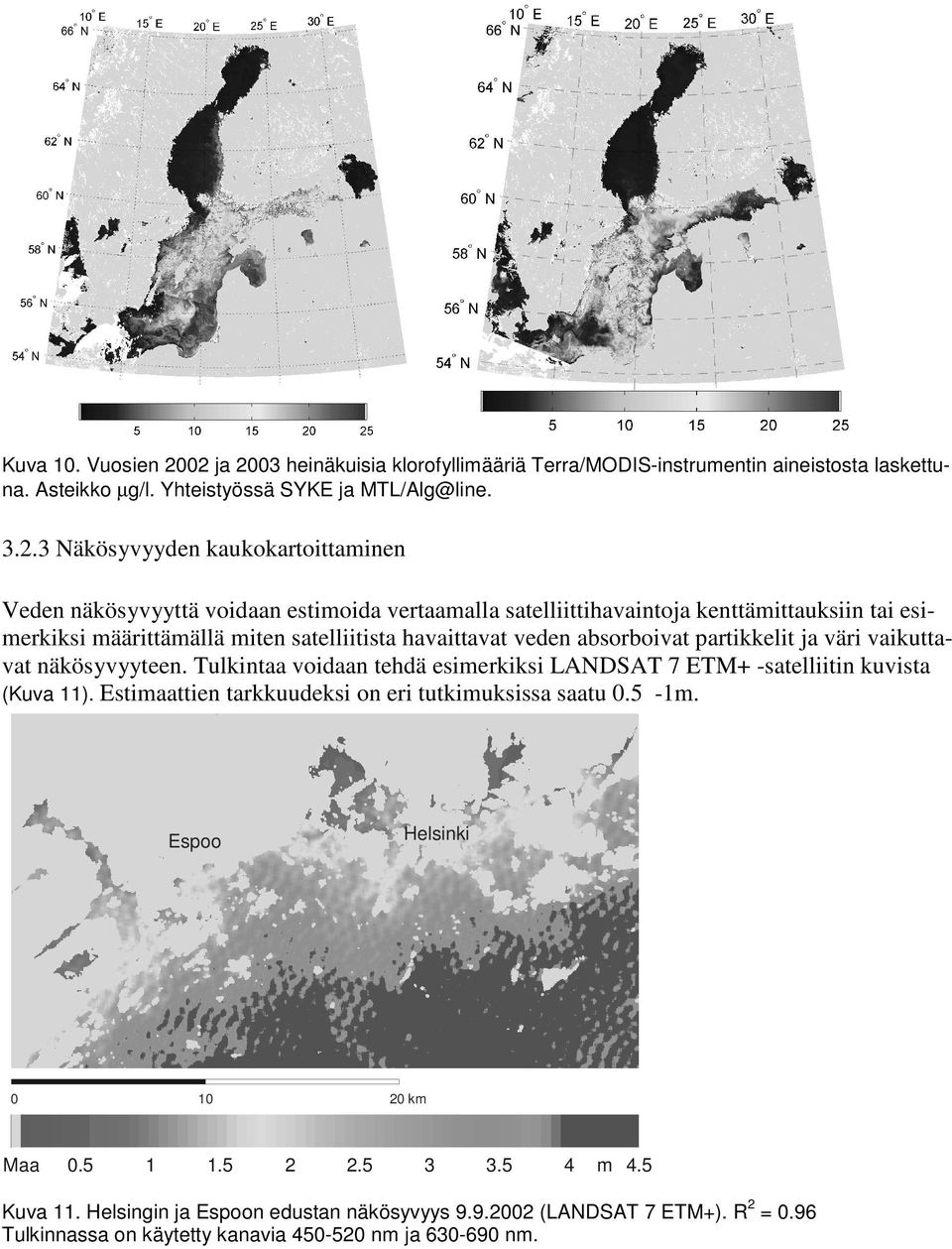 näkösyvyyttä voidaan estimoida vertaamalla satelliittihavaintoja kenttämittauksiin tai esimerkiksi määrittämällä miten satelliitista havaittavat veden absorboivat partikkelit ja väri