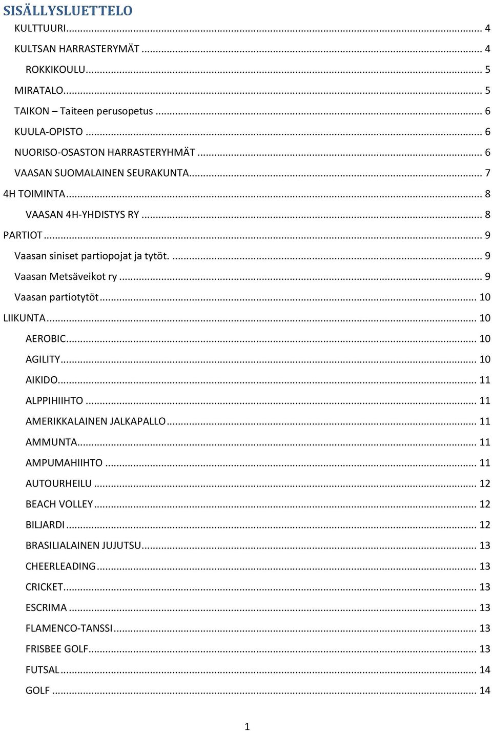 .. 9 Vaasan partiotytöt... 10 LIIKUNTA... 10 AEROBIC... 10 AGILITY... 10 AIKIDO... 11 ALPPIHIIHTO... 11 AMERIKKALAINEN JALKAPALLO... 11 AMMUNTA... 11 AMPUMAHIIHTO.