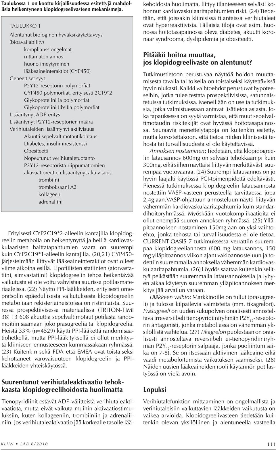 polymorfiat CYP450 polymorfiat, erityisesti 2C19*2 Glykoproteiini Ia polymorfiat Glykoproteiini IIb/IIIa polymorfiat Lisääntynyt ADP-eritys Lisääntynyt P2Y12-reseptorien määrä Verihiutaleiden