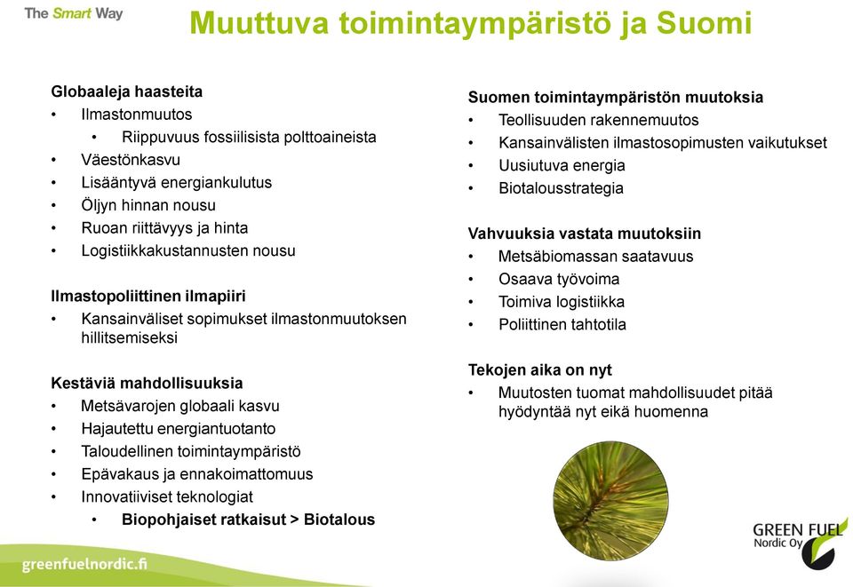 Taloudellinen toimintaympäristö Epävakaus ja ennakoimattomuus Innovatiiviset teknologiat Biopohjaiset ratkaisut > Biotalous Suomen toimintaympäristön muutoksia Teollisuuden rakennemuutos