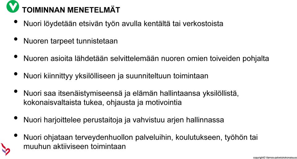 itsenäistymiseensä ja elämän hallintaansa yksilöllistä, kokonaisvaltaista tukea, ohjausta ja motivointia Nuori harjoittelee