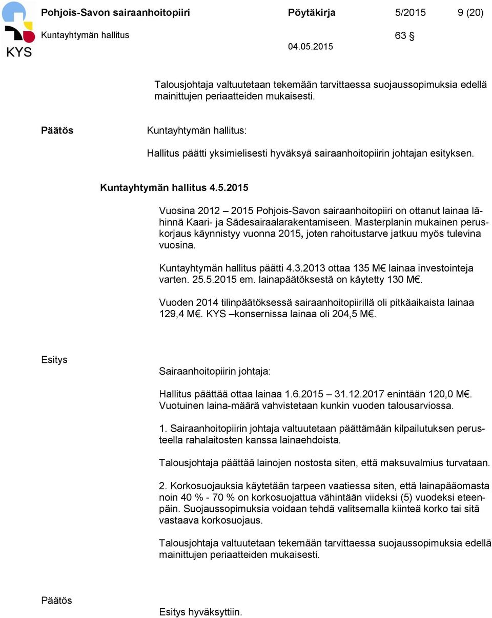 2015 Vuosina 2012 2015 Pohjois-Savon sairaanhoitopiiri on ottanut lainaa lähinnä Kaari- ja Sädesairaalarakentamiseen.