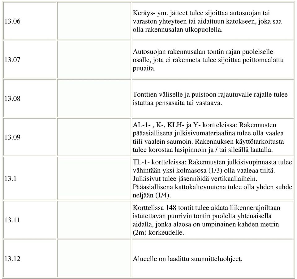 08 Tonttien väliselle ja puistoon rajautuvalle rajalle tulee istuttaa pensasaita tai vastaava. 13.09 13.1 13.