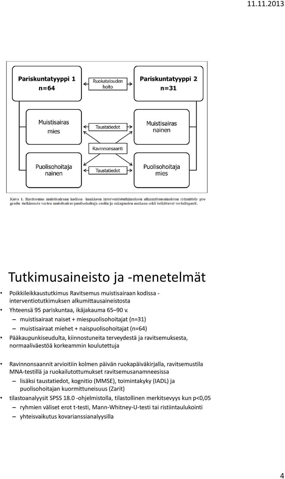 koulutettuja Ravinnonsaannit arvioitiin kolmen päivän ruokapäiväkirjalla, ravitsemustila MNA-testillä ja ruokailutottumukset ravitsemusanamneesissa lisäksi taustatiedot, kognitio (MMSE), toimintakyky