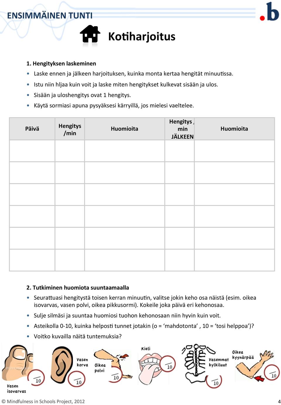 Päivä Hengitys /min Huomioita Hengitys / min JÄLKEEN Huomioita ENNEN 2. Tutkiminen huomiota suuntaamaalla Seura@uasi hengitystä toisen kerran minuuen, valitse jokin keho osa näistä (esim.