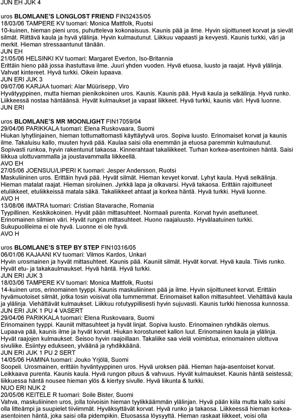 JUN EH 21/05/06 HELSINKI KV tuomari: Margaret Everton, Iso-Britannia Erittäin hieno pää jossa ihastuttava ilme. Juuri yhden vuoden. Hyvä etuosa, luusto ja raajat. Hyvä ylälinja. Vahvat kintereet.