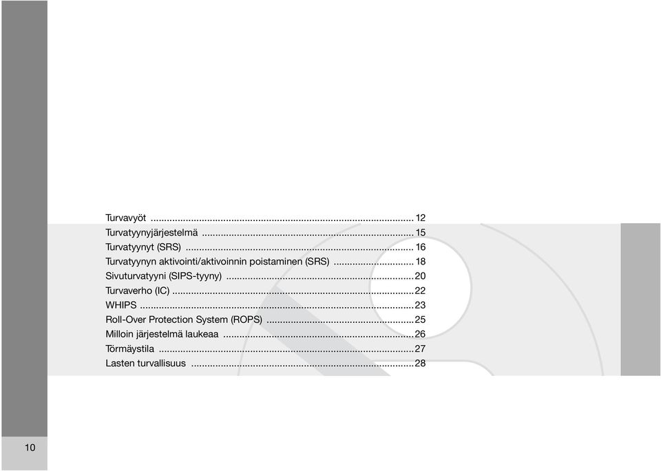.. 18 Sivuturvatyyni (SIPS-tyyny)...20 Turvaverho (IC)...22 WHIPS.