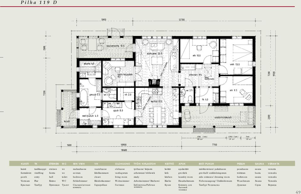 porch entry hall toilet bedroom closet living room study kitchen laundry room side entrance/dressing room bathroom sauna veranda Vorraum Flur Entree WC Schlafzimmer Kleiderkammer Wohnzimmer