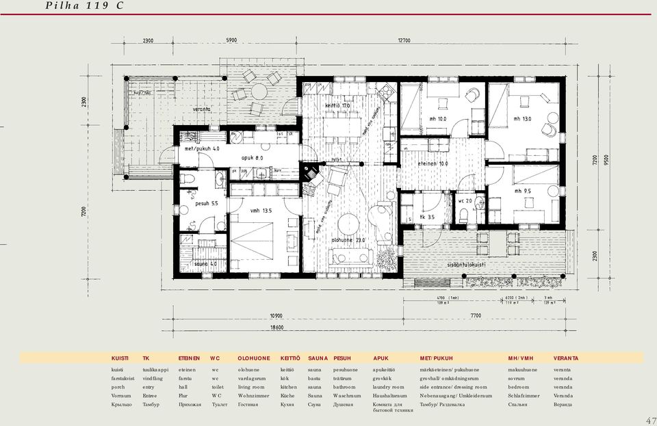 toilet living room kitchen sauna bathroom laundry room side entrance/dressing room bedroom veranda Vorraum Entree Flur WC Wohnzimmer Küche Sauna Waschraum