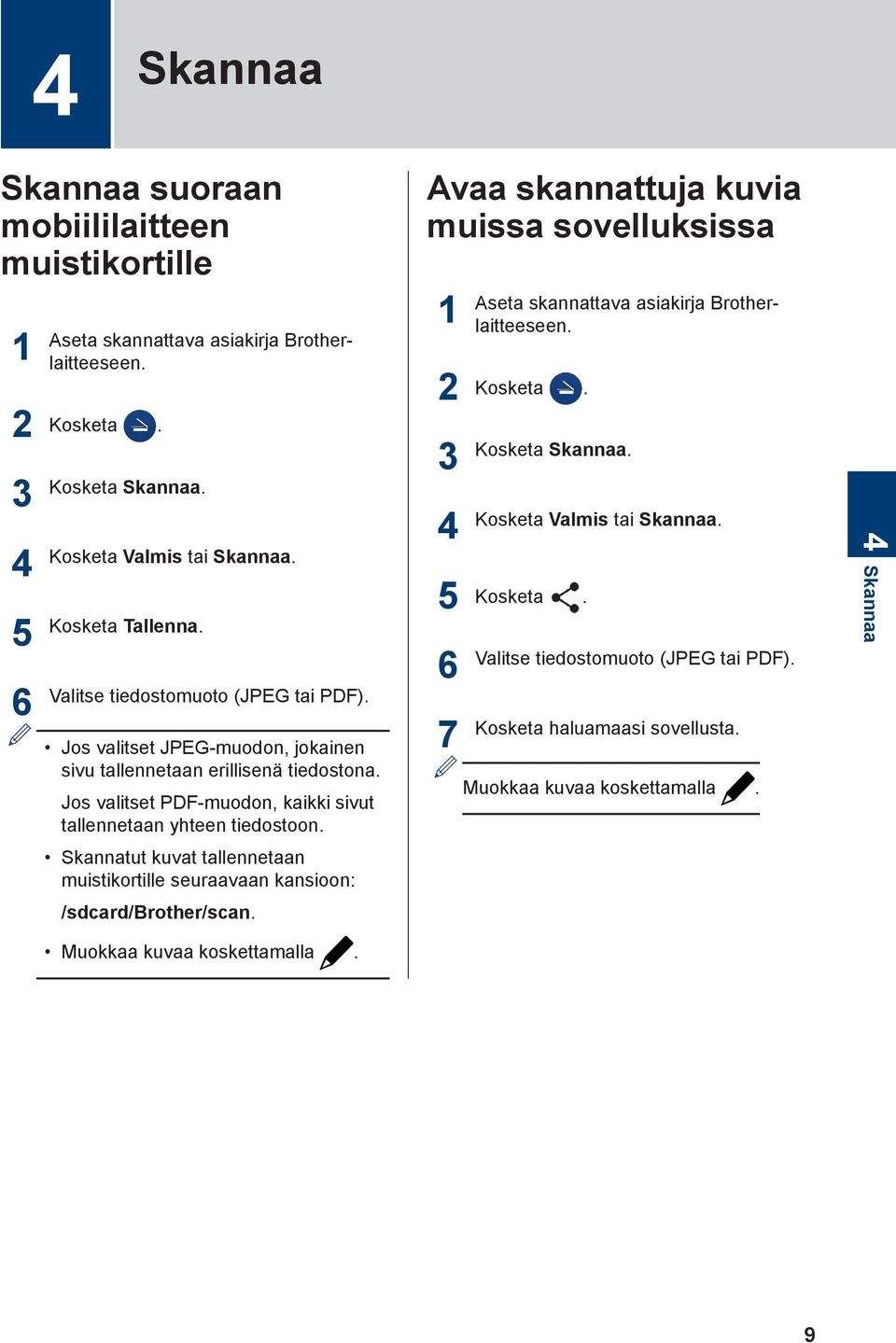 Skannatut kuvat tallennetaan muistikortille seuraavaan kansioon: /sdcard/brother/scan. Muokkaa kuvaa koskettamalla.
