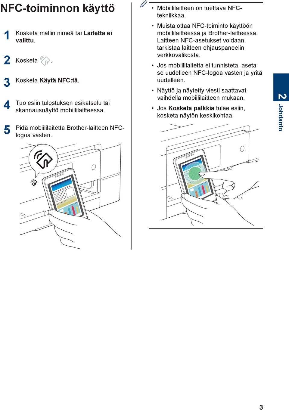 Mobiililaitteen on tuettava NFCtekniikkaa. Muista ottaa NFC-toiminto käyttöön mobiililaitteessa ja Brother-laitteessa.