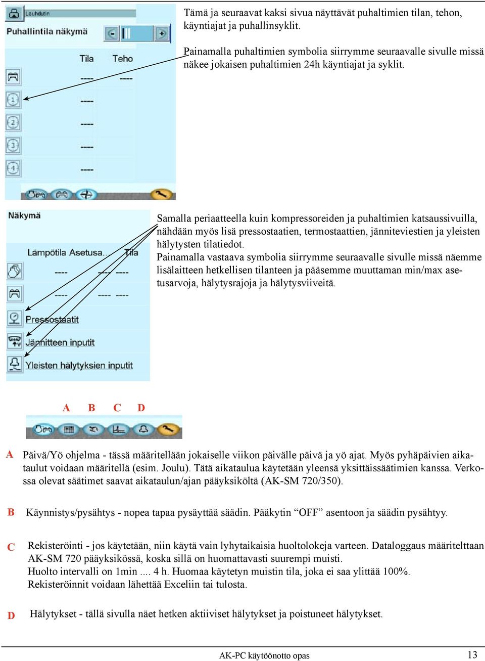 Samalla periaatteella kuin kompressoreiden ja puhaltimien katsaussivuilla, nähdään myös lisä pressostaatien, termostaattien, jänniteviestien ja yleisten hälytysten tilatiedot.