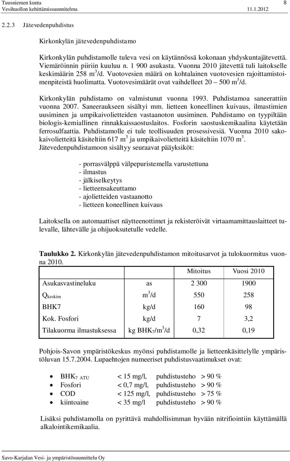 Vuotovesimäärät ovat vaihdelleet 20 500 m 3 /d. Kirkonkylän puhdistamo on valmistunut vuonna 1993. Puhdistamoa saneerattiin vuonna 2007. Saneeraukseen sisältyi mm.