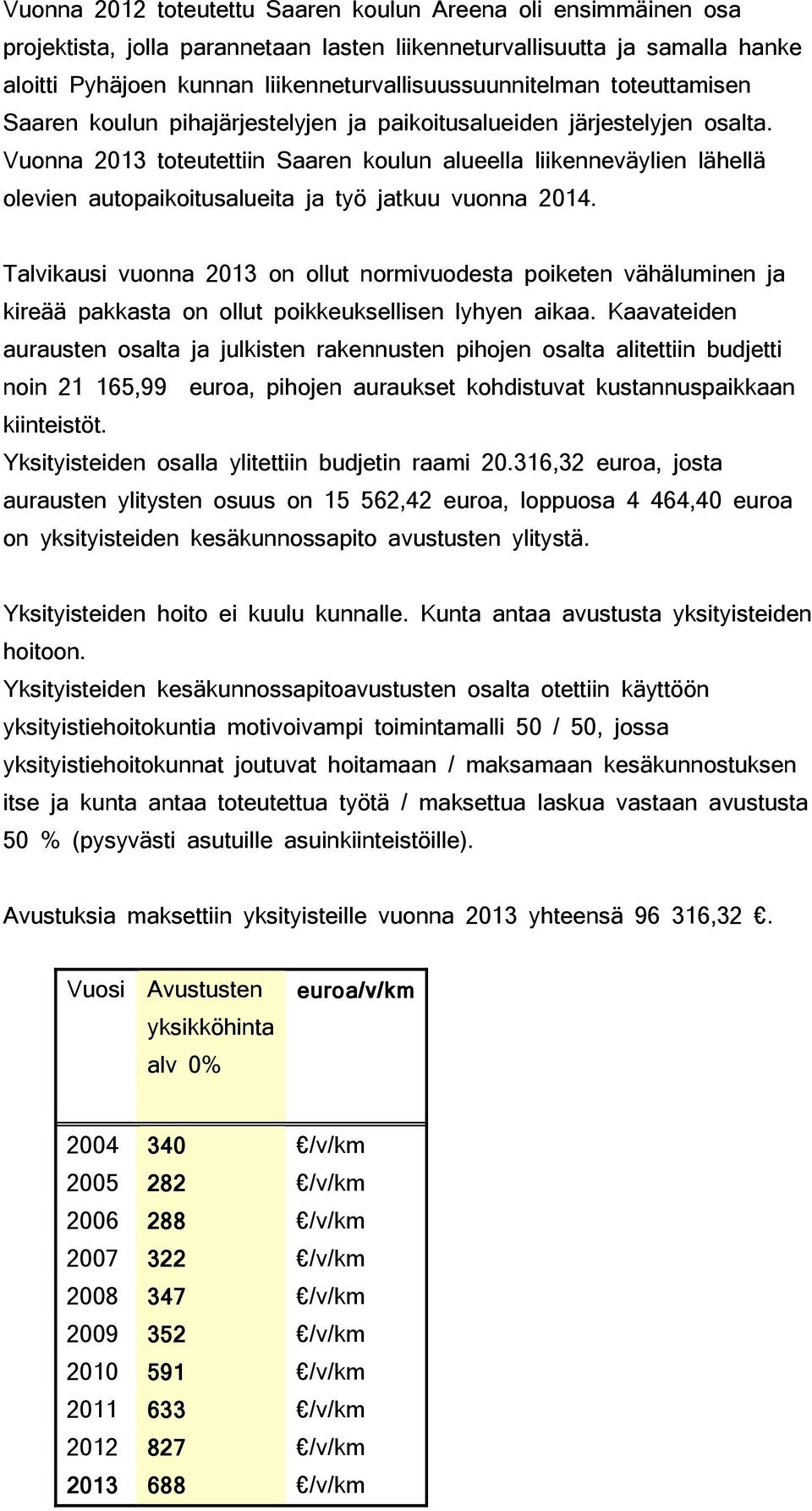 Vuonna 2013 toteutettiin Saaren koulun alueella liikenneväylien lähellä olevien autopaikoitusalueita ja työ jatkuu vuonna 2014.