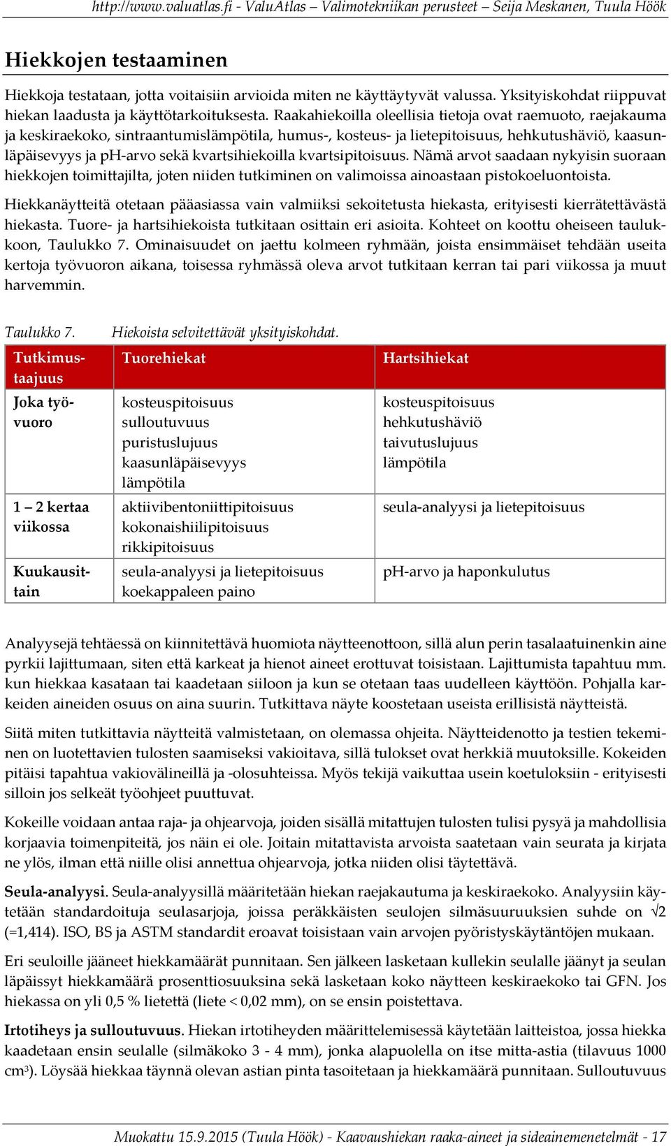 kvartsihiekoilla kvartsipitoisuus. Nämä arvot saadaan nykyisin suoraan hiekkojen toimittajilta, joten niiden tutkiminen on valimoissa ainoastaan pistokoeluontoista.