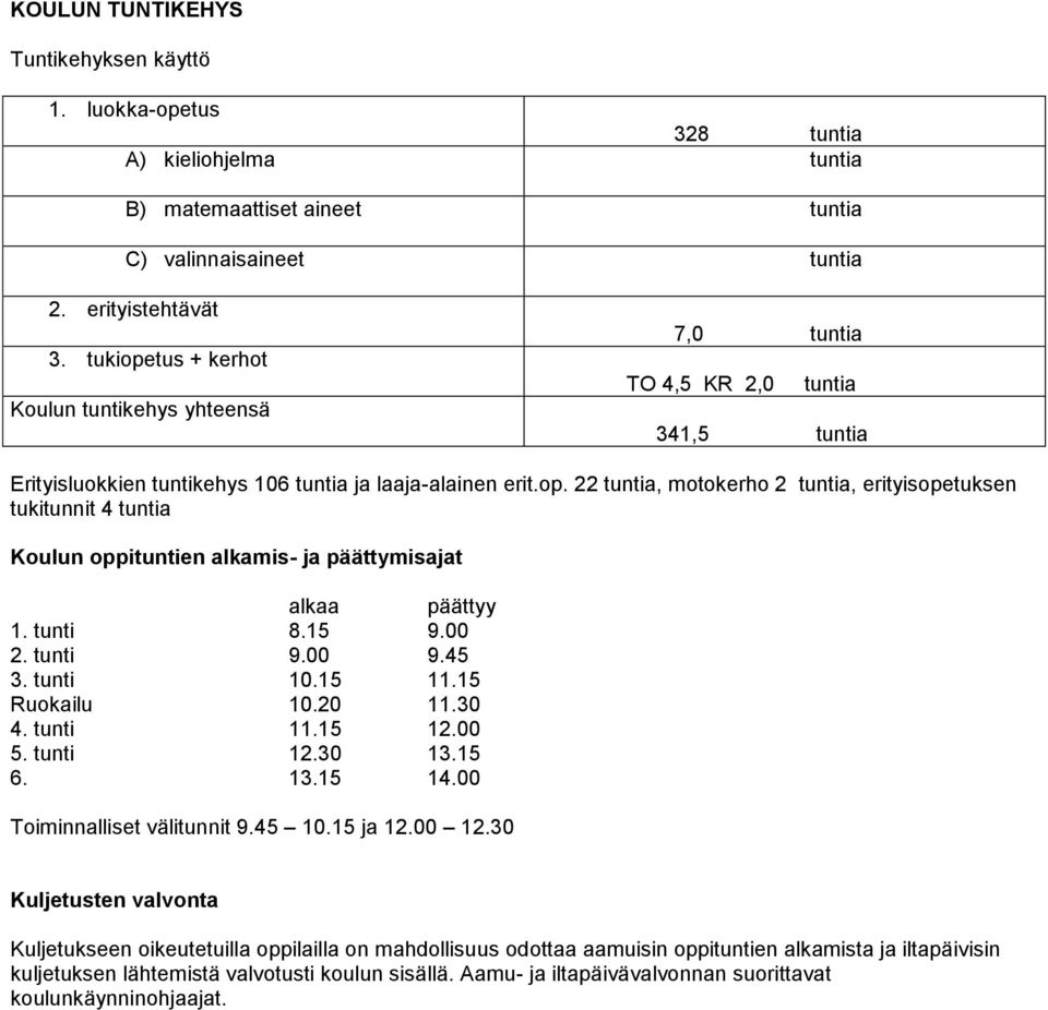 tunti 8.15 9.00 2. tunti 9.00 9.45 3. tunti 10.15 11.15 Ruokailu 10.20 11.30 4. tunti 11.15 12.00 5. tunti 12.30 13.15 6. 13.15 14.00 Toiminnalliset välitunnit 9.45 10.15 ja 12.00 12.