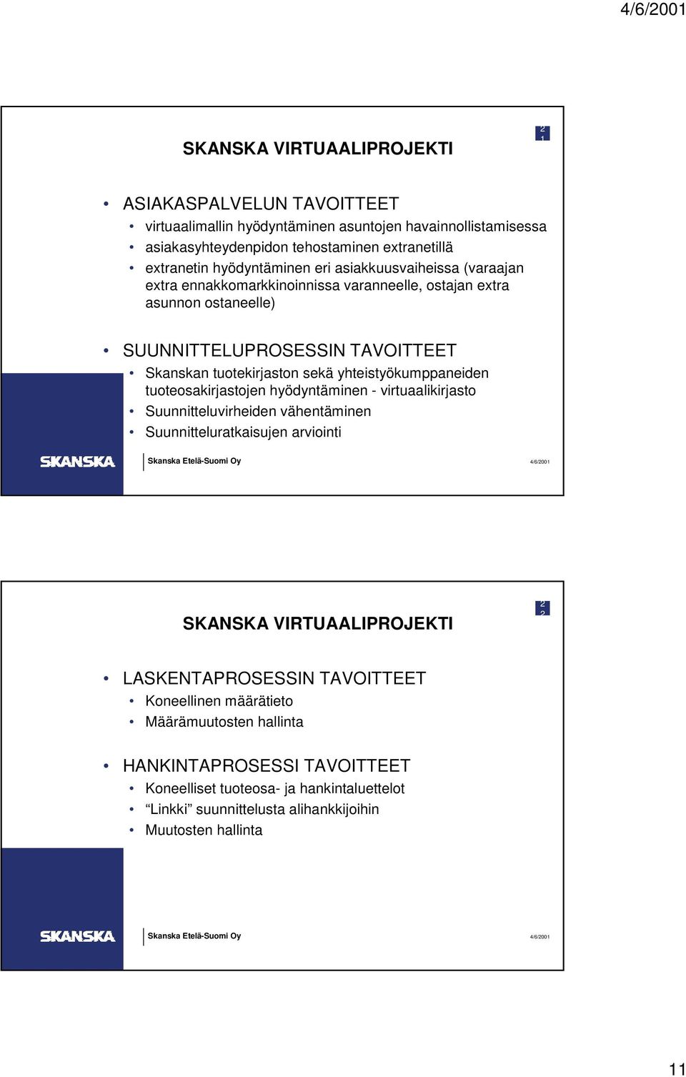 sekä yhteistyökumppaneiden tuoteosakirjastojen hyödyntäminen - virtuaalikirjasto Suunnitteluvirheiden vähentäminen Suunnitteluratkaisujen arviointi SKANSKA VIRTUAALIPROJEKTI
