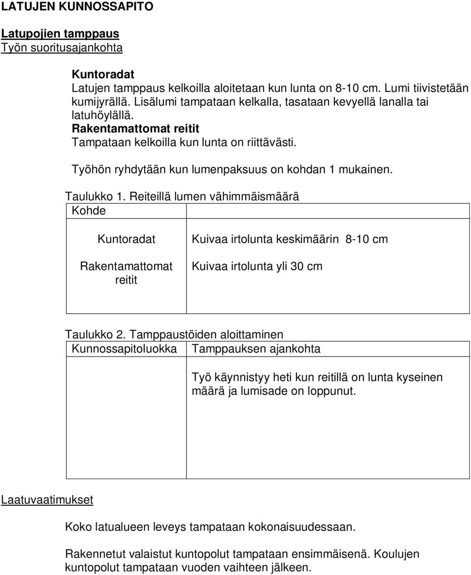 Taulukko 1. Reiteillä lumen vähimmäismäärä Kohde Kuntoradat Rakentamattomat reitit Kuivaa irtolunta keskimäärin 8-10 cm Kuivaa irtolunta yli 30 cm Taulukko 2.