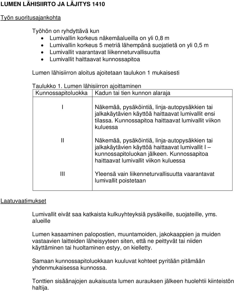 Lumen lähisiirron ajoittaminen Näkemää, pysäköintiä, linja-autopysäkkien tai jalkakäytävien käyttöä haittaavat lumivallit ensi tilassa.