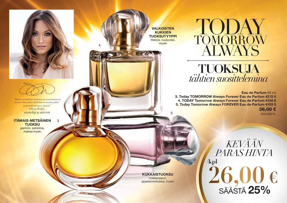 Olivia Wilde, näyttelijä ja aktivisti ITÄMAIS-METSÄINEN T U O K S U jasmiini, persikka, makea myski 3 5 Eau de Parfum 50 ml 3.