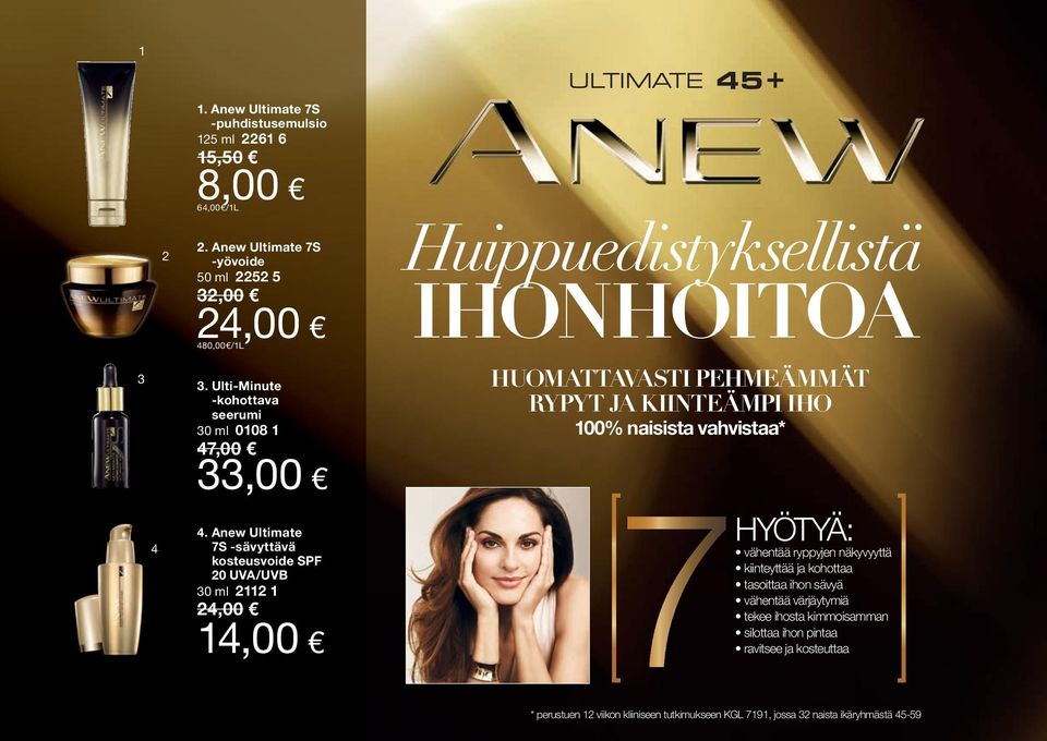 Anew Ultimate 7S -sävyttävä kosteusvoide SPF 20 UVA/UVB 30 ml 2112 1 24,00 14,00 Huippuedistyksellistä IHONHOITOA HUOMATTAVASTI PEHMEÄMMÄT RYPYT JA KIINTEÄMPI IHO 100%